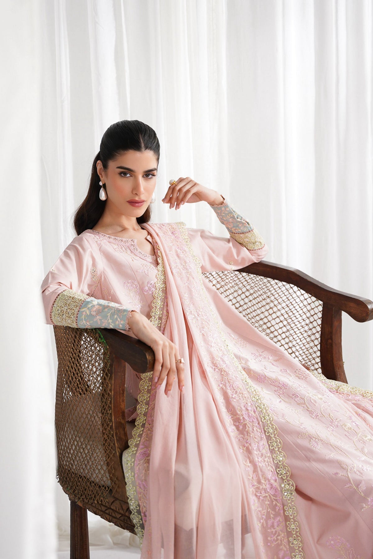 PASTEL PINK LUXURY EMBROIDERED 3PCS KALIDAR SET NPA3-25413 (EID 2025 READY TO WEAR)